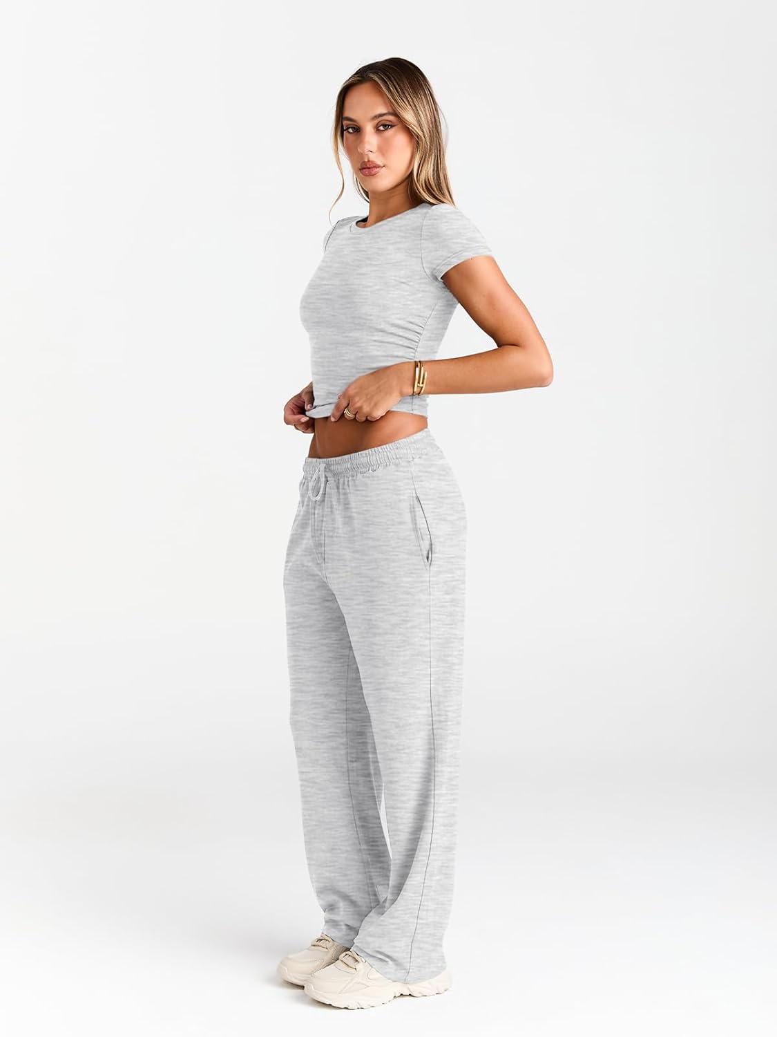 Women's Stylish 2-Piece Summer Lounge Set Featuring Wide Leg Pants and Cropped Top with Side Ruching