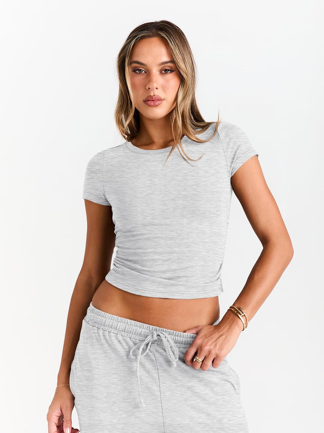 Women's Stylish 2-Piece Summer Lounge Set Featuring Wide Leg Pants and Cropped Top with Side Ruching