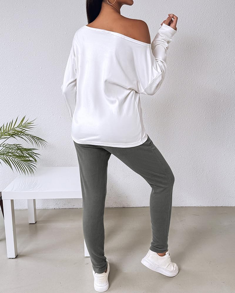 Women's Off-the-Shoulder Long Sleeve Tracksuit Set with Pants for Fall 2025