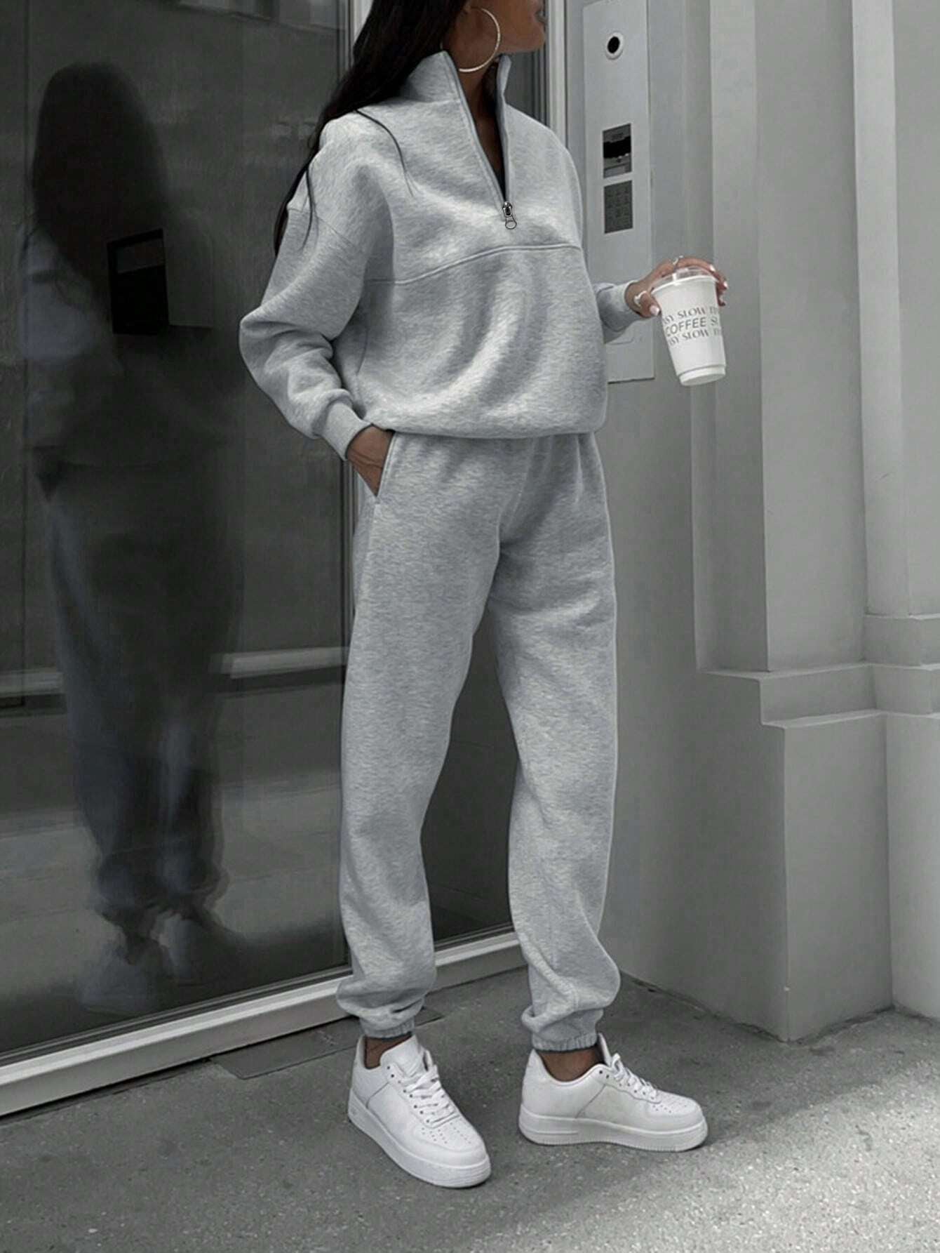 SHEIN X Carly Lawrence INAWLY Women'S Half Zipper Hoodie and Jogger Pants Two Piece Set