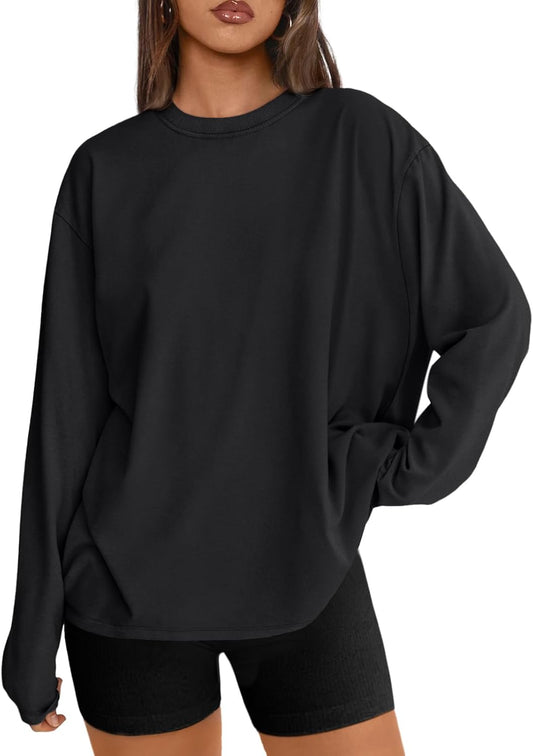 Women's Oversized Long Sleeve Crewneck T-Shirt - Versatile Casual Top for Fitness and Everyday Use