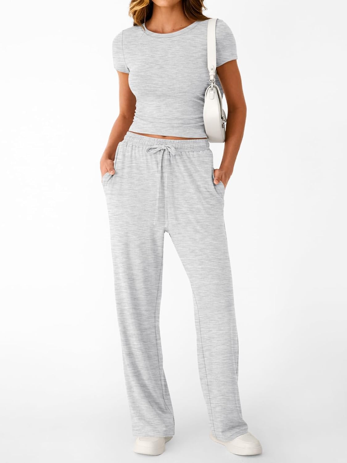 Women's Stylish 2-Piece Summer Lounge Set Featuring Wide Leg Pants and Cropped Top with Side Ruching