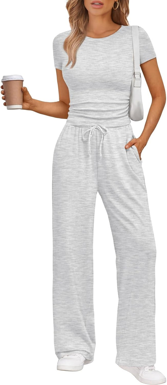 Women's Stylish 2-Piece Summer Lounge Set Featuring Wide Leg Pants and Cropped Top with Side Ruching