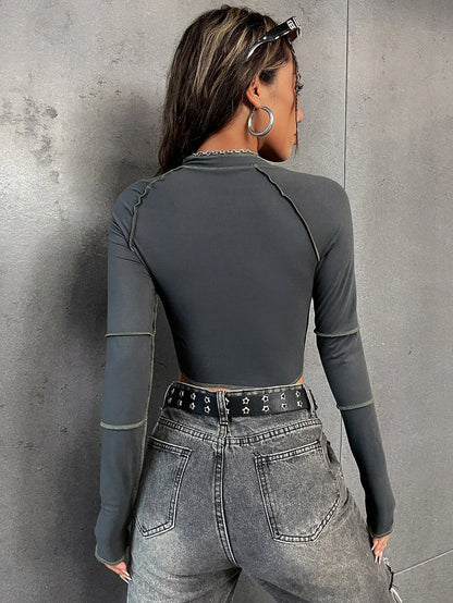 Flirla Top-Stitching Raglan Sleeve Zipper Crop Tee